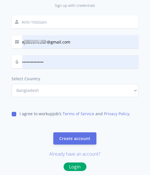 work up job account creating form