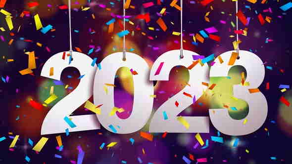 Happy New Year 2023 celebration with confetti and streamers