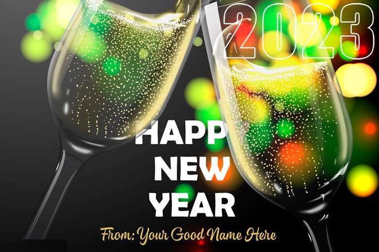 Happy New Year 2023 greeting card with confetti and champagne